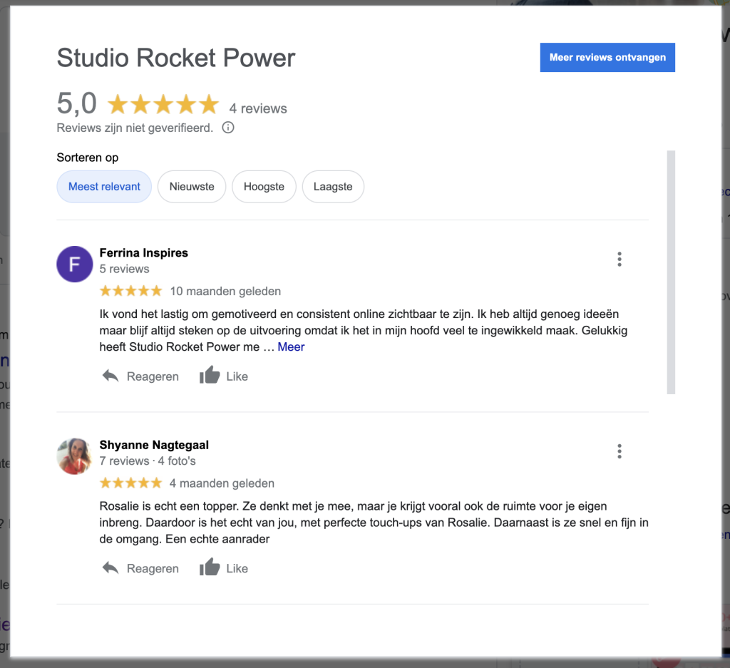 Bedrijf in Google - Google mijn bedrijf reviews - Studio Rocket Power